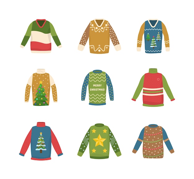 Colección suéter navideño artesanal. Lindo patrón sin costuras con feos suéteres de Navidad.