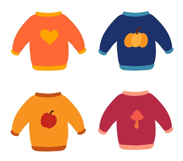 Colección de suéteres de otoño con diferentes diseños de otoño acogedor Ilustración plana vectorial