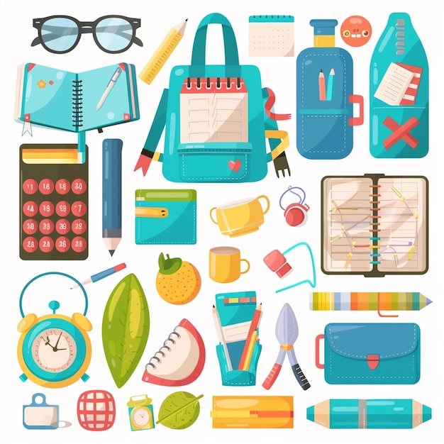 una colección de suministros escolares, incluida una bolsa azul, un lápiz y un lápic.