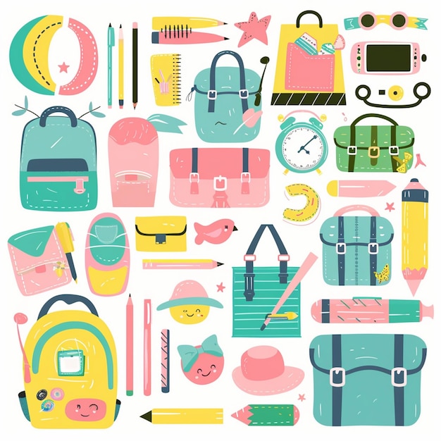 una colección de suministros escolares, incluida una mochila y otros artículos