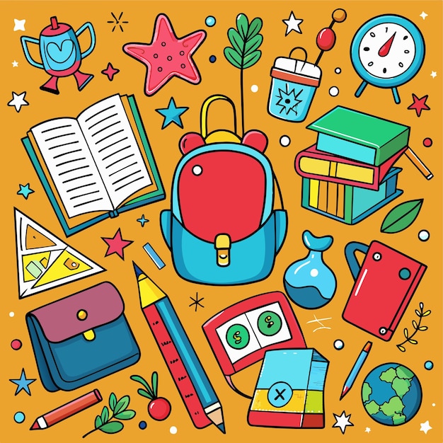 una colección de suministros escolares, incluidos libros de mochila y un reloj