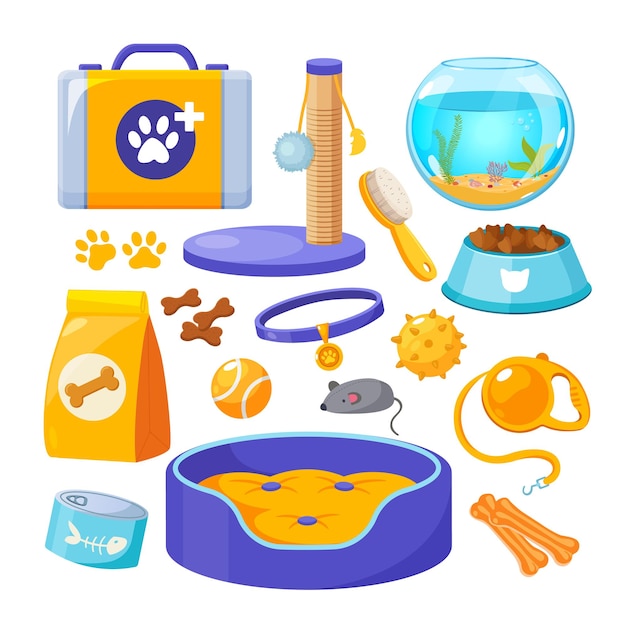 La colección de suministros para mascotas incluye alimentos para animales, juguetes, cuidados, etc.