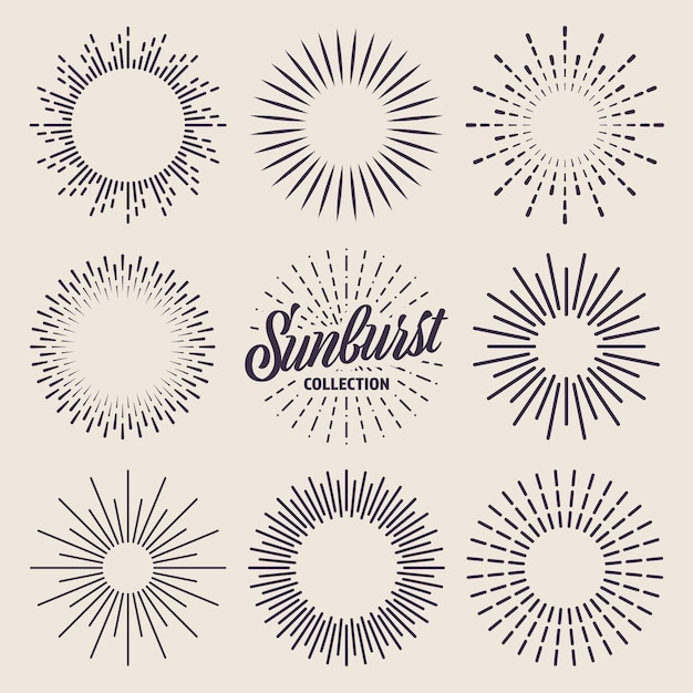 Colección de sunburst vintage rayos de sol estallados fuegos artificiales logotipo o letras elemento de diseño radial
