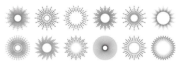 Colección de sunburst vintage rayos de sol estallados fuegos artificiales logotipo o letras elemento de diseño radial