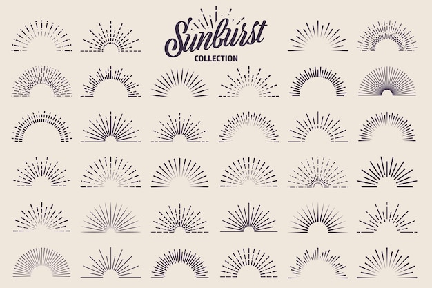Colección de sunburst vintage rayos de sol estallados fuegos artificiales logotipo o letras elemento de diseño radial