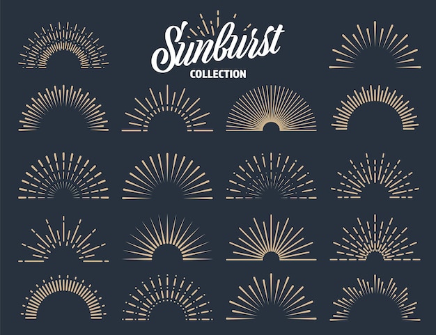 Colección de sunburst vintage rayos de sol estallados fuegos artificiales logotipo o letras elemento de diseño radial