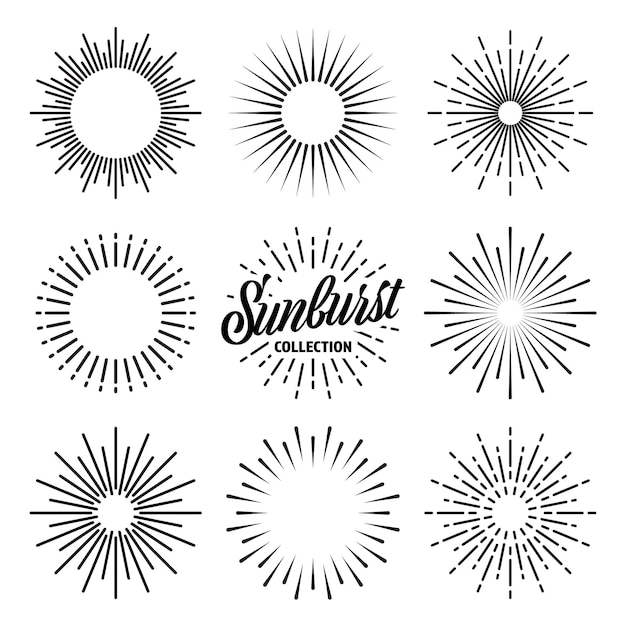 Colección de sunburst vintage rayos de sol estallados fuegos artificiales logotipo o letras elemento de diseño radial