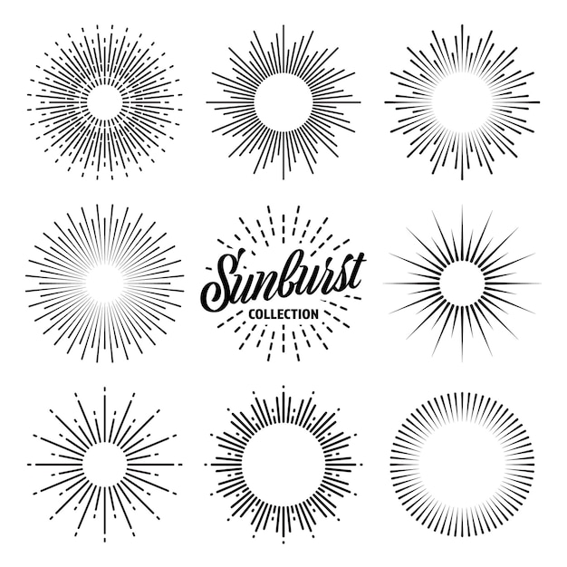 Colección de sunburst vintage rayos de sol estallados fuegos artificiales logotipo o letras elemento de diseño radial