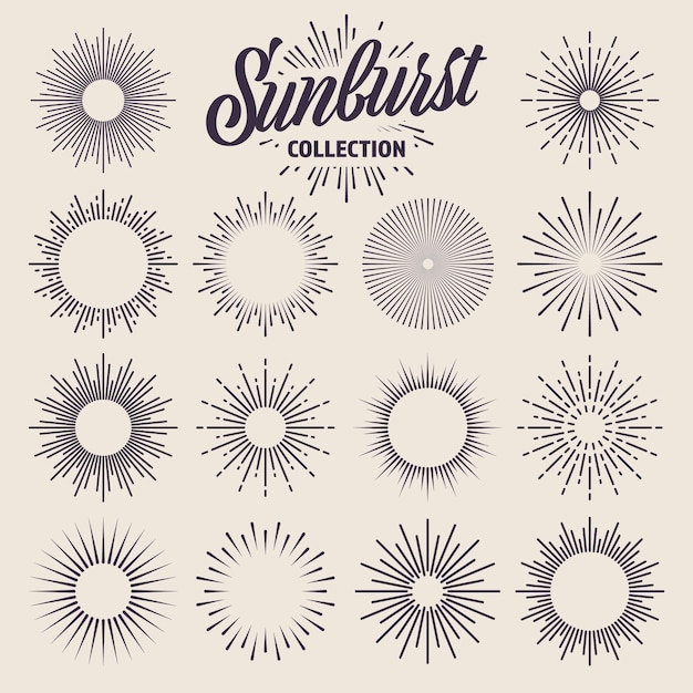 Colección de sunburst vintage rayos de sol estallados fuegos artificiales logotipo o letras elemento de diseño radial
