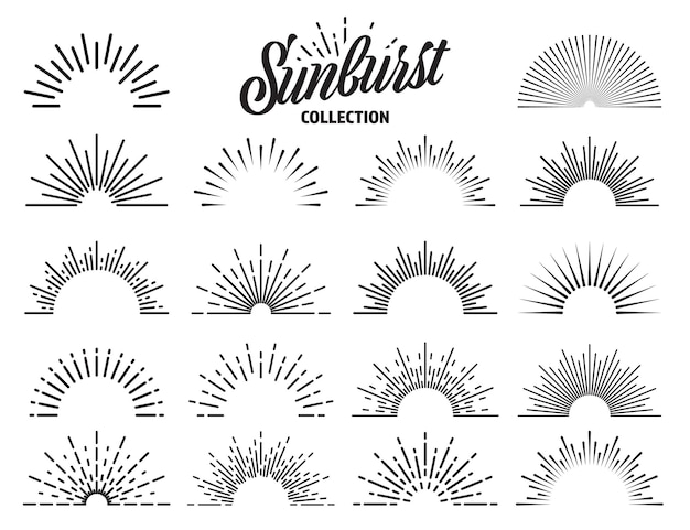 Colección de sunburst vintage rayos de sol estallados fuegos artificiales logotipo o letras elemento de diseño radial