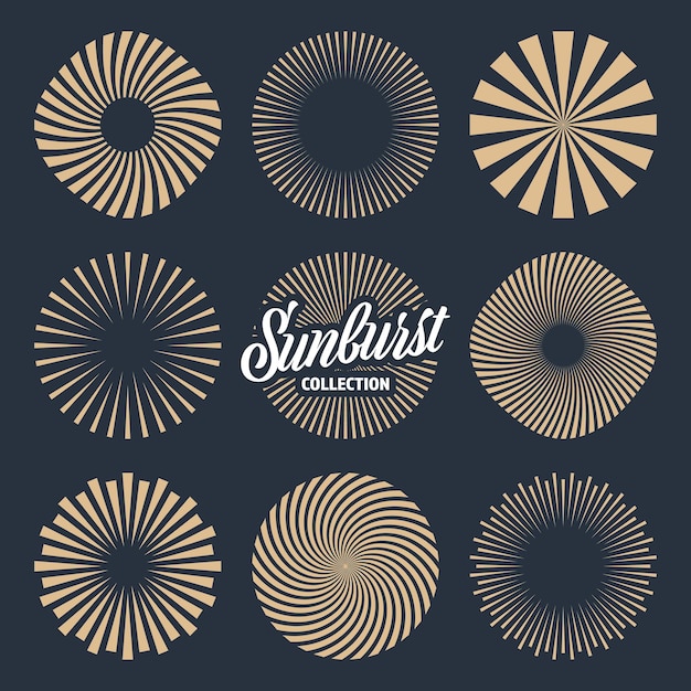 Colección de sunburst vintage rayos de sol estallados fuegos artificiales rayos de puesta de sol radiales ilustración vectorial