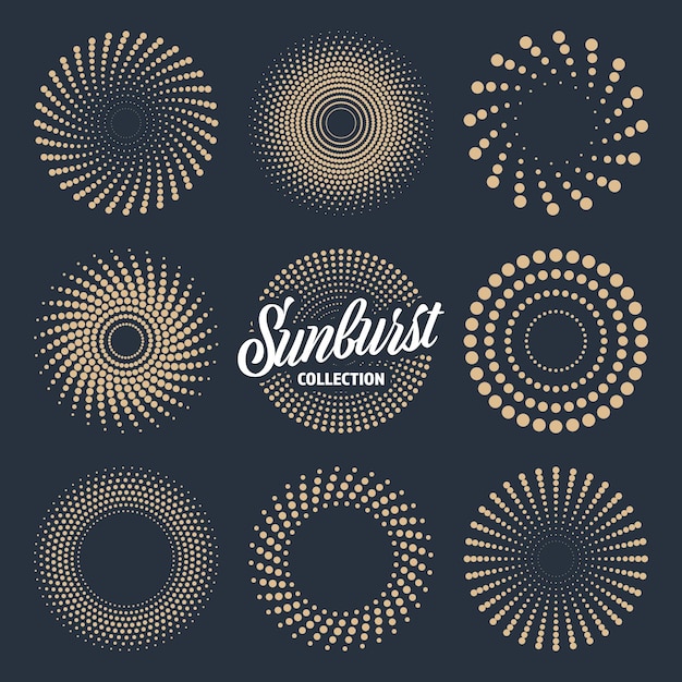 Colección de sunburst vintage rayos de sol y puntos de estallido de fuegos artificiales logotipo o diseño de letras