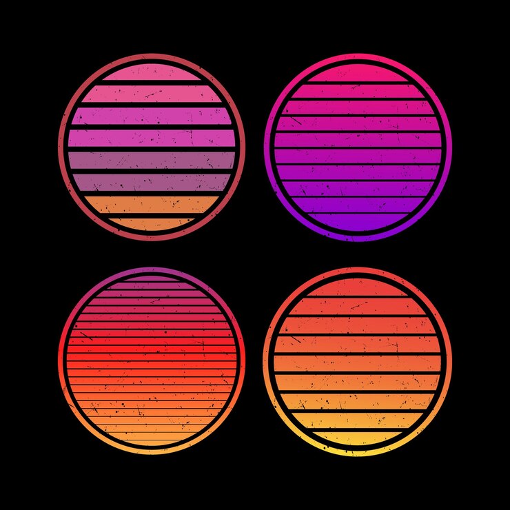 Vector colección sunset en estilo retro de los años 70 y 80. puestas de sol vintage en diferentes colores.