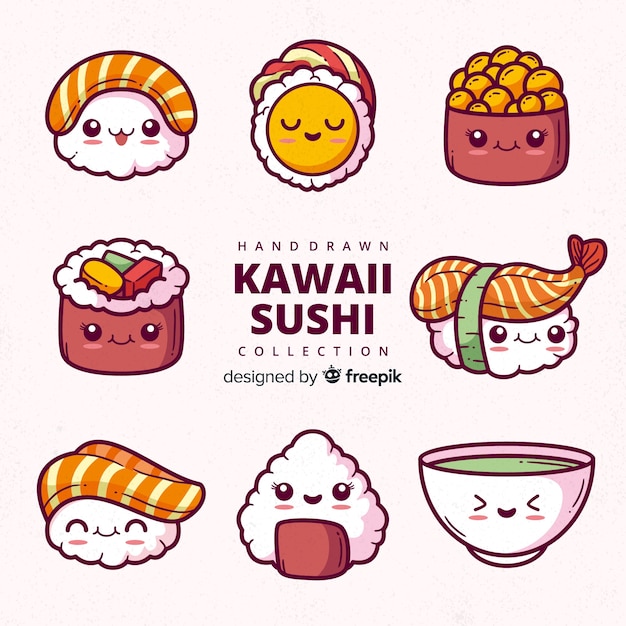 Colección sushi kawaii dibujada a mano