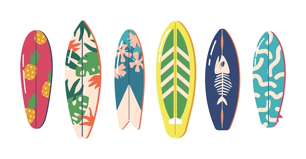 Colección de tablas de surf de colores y estilos vintage. Surfdesks Patrón de hojas de palma, flores, espinas de pescado y piñas