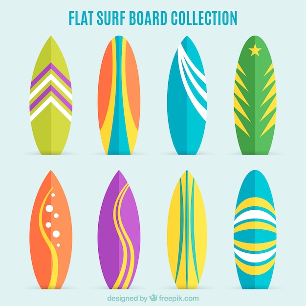 Vector colección de tablas de surf planas y coloridas