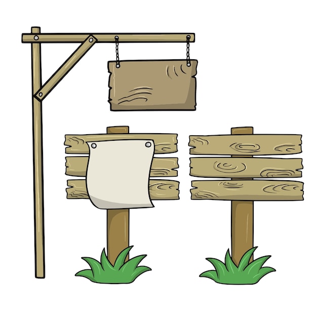 Colección de tablones de anuncios varios viejos carteles de madera marrón en una caricatura de vector de poste
