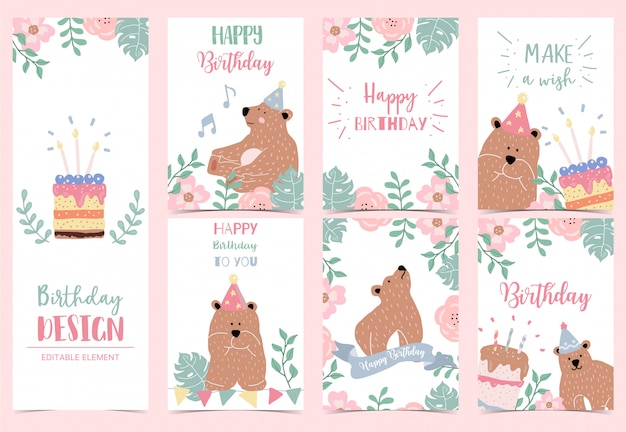 Colección de tarjeta de feliz cumpleaños con oso, pastel, hojas, flores.