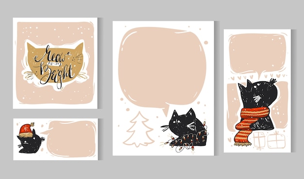 Colección, de, tarjeta de navidad, templates., Navidad, carteles, set., Invierno, vacaciones, collection., Saludo, estacional, scrapbooking, con, gato negro