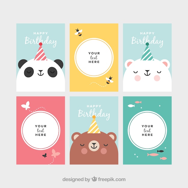 Colección de tarjetas con animales en la fiesta de cumpleaños
