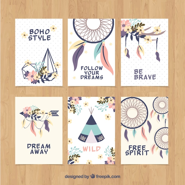 Colección de tarjetas boho con elementos hippie
