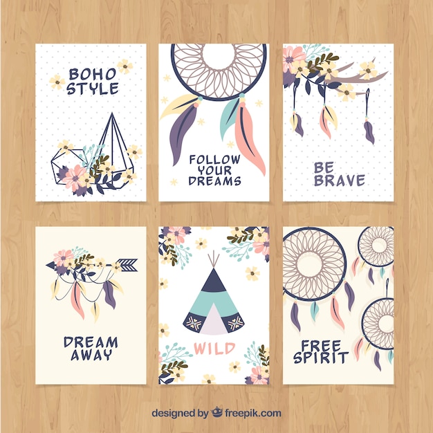 Vector colección de tarjetas boho con elementos hippie