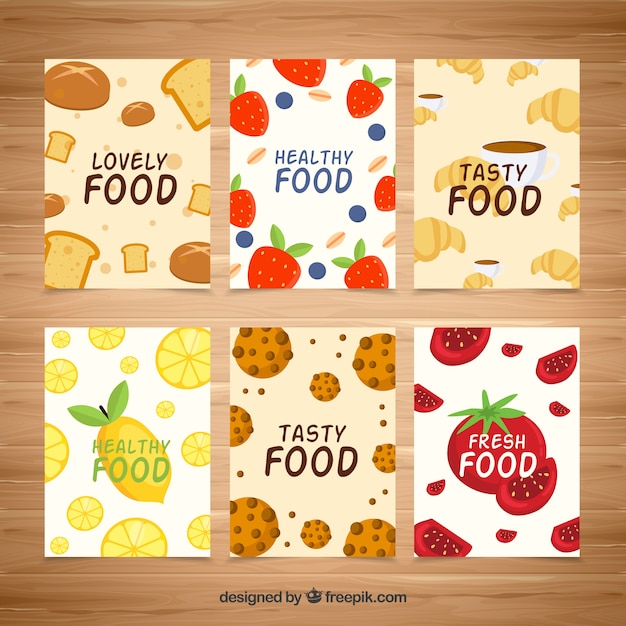 Colección de tarjetas de comida deliciosa con diseño plano