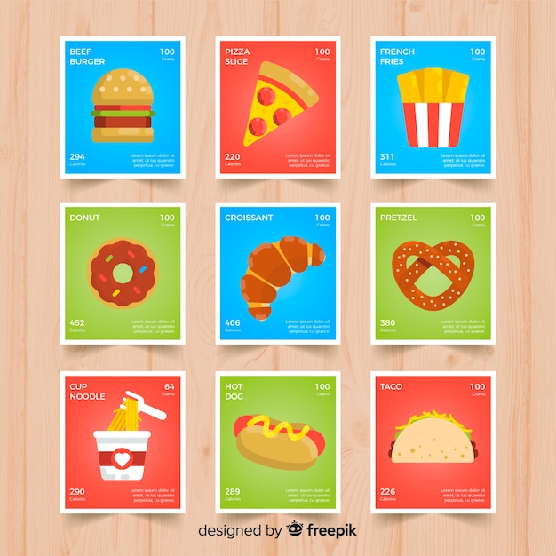 Colección de tarjetas de comida en diseño plano