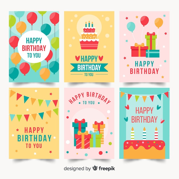 Colección de tarjetas de cumpleaños en diseño plano