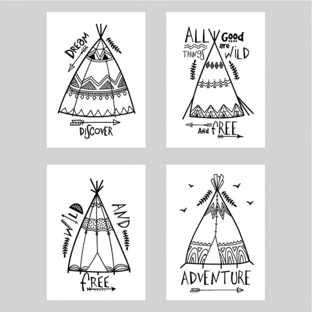 Colección de tarjetas con diferentes tipos de tiends en estilo boho