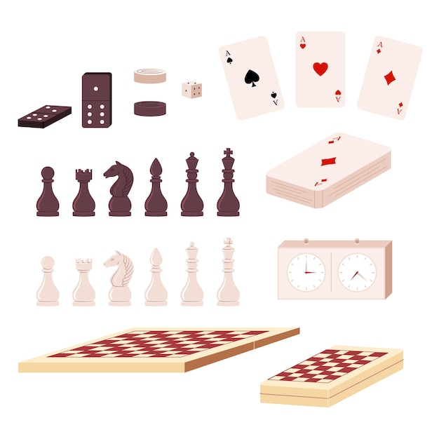 Colección de tarjetas de elementos de juegos de mesa ajedrez y tablero temporizador damas dados dominó