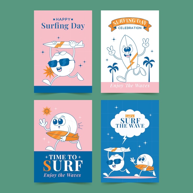 Colección de tarjetas de felicitación del día internacional del surf dibujadas a mano