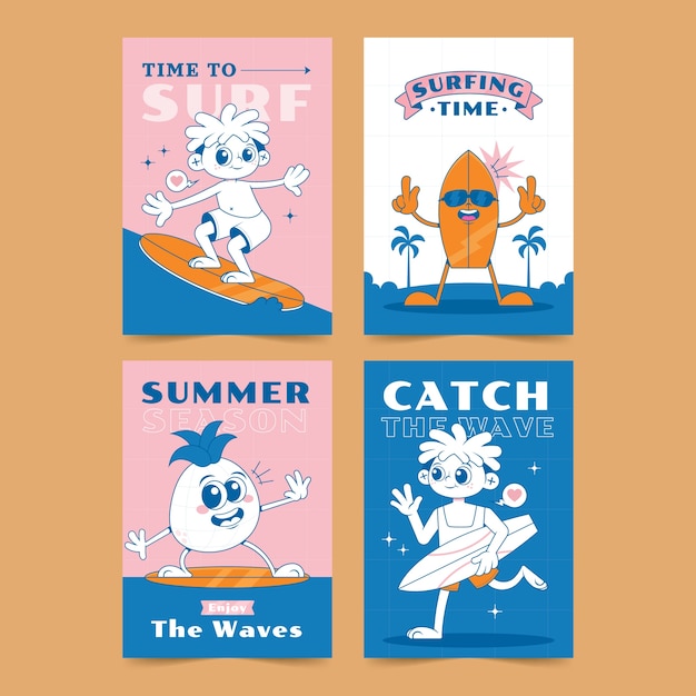 Colección de tarjetas de felicitación del día internacional del surf dibujadas a mano