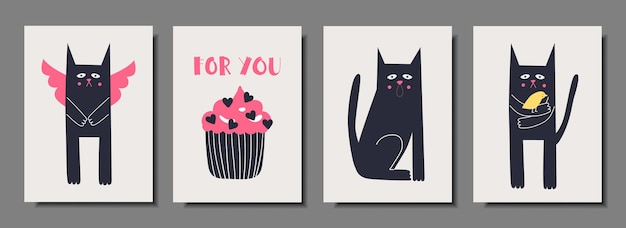 Colección de tarjetas de felicitación para gatos encantadores del día de san valentín