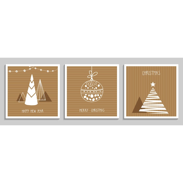 Vector colección de tarjetas de felicitación de navidad y año nuevo con árboles de navidad y decoraciones.