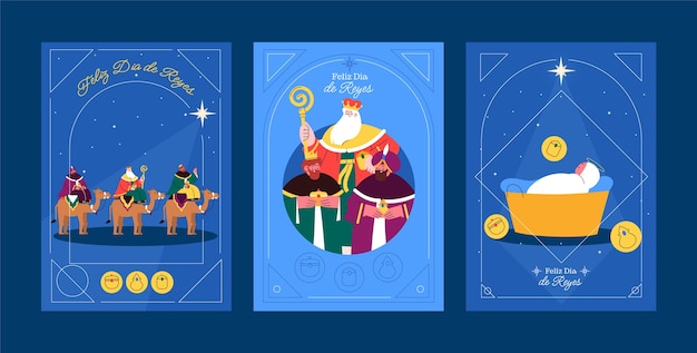 Vector colección de tarjetas de felicitación planas para reyes magos