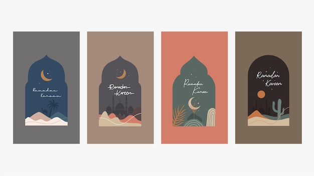 Vector colección de tarjetas de felicitación de ramadán kareem, diseño de ilustración, plantilla vectorial tarjetas de ramadán mubarak con color vintage y diseño de estilo moderno mínimo