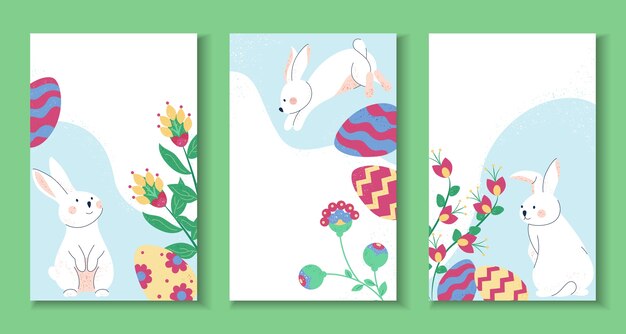 Colección de tarjetas de felicitación verticales de Pascua dibujadas a mano con conejos y huevos de Pascua