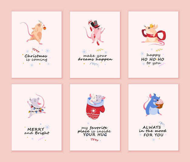 Colección de tarjetas de feliz Navidad con ratones.