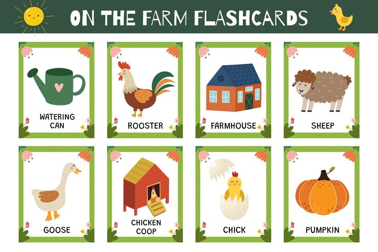 Vector en la colección de tarjetas flash de la granja tarjetas flash para practicar las habilidades de lectura aprende vocabulario agrícola