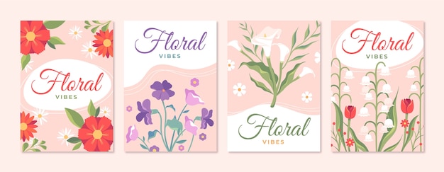 Vector colección de tarjetas florales dibujadas a mano con hermosas flores sobre fondo rosa