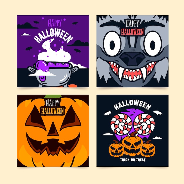 Vector colección de tarjetas de halloween en diseño plano