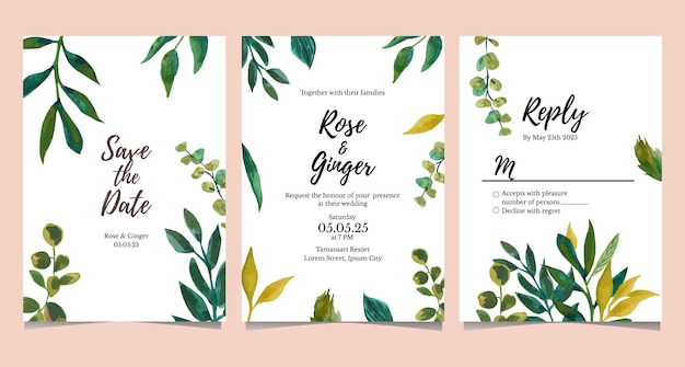 Colección de tarjetas de invitación de boda en acuarela