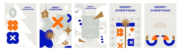 Vector colección de tarjetas de navidad minimalistas diseño geométrico árboles de navidad hombres de nieve juguetes de navidad
