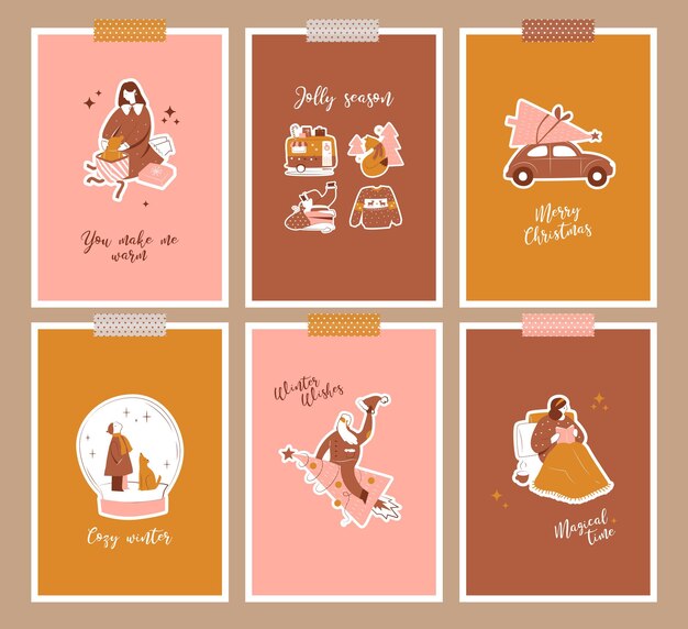 Colección tarjetas navideñas ornamentales planas dibujadas a mano