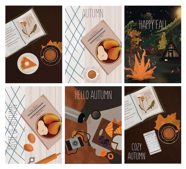 Vector colección de tarjetas de otoño planas