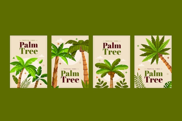 Colección de tarjetas de palmeras planas dibujadas a mano con palmeras tropicales en un cielo soleado