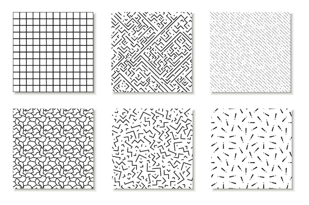 Vector colección de tarjetas de patrones de memphis sin costuras texturas de mosaico en blanco y negro diseño de moda 80 90