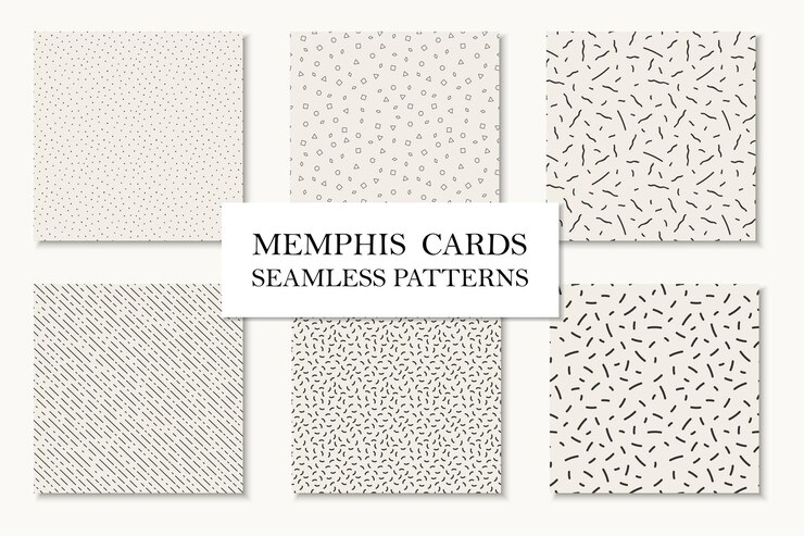 Vector colección de tarjetas con patrones de memphis dibujados a mano sin costuras, texturas de mosaico, diseño retro de los años 80 y 90.