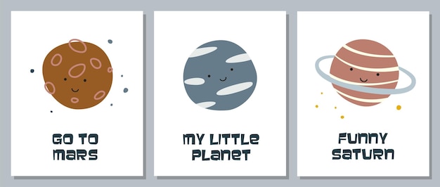 Colección de tarjetas de planetas de dibujos animados con caras sonrientes.